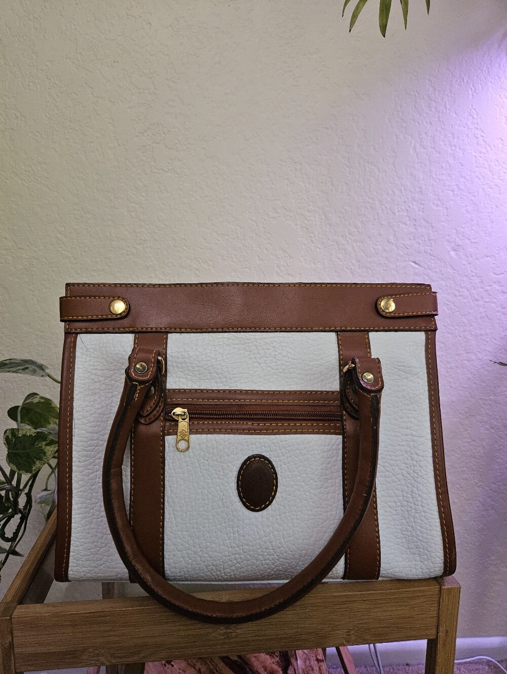 M. C. Pebbled Two-Tone Leather  Bag in White and Brown